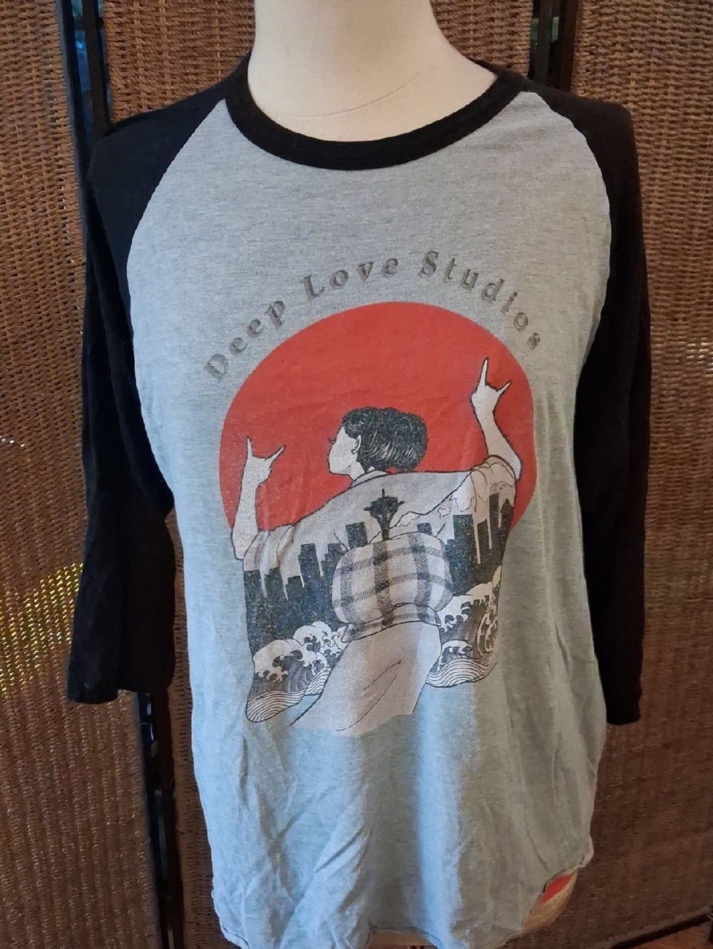 Adult Size Large Gray & Black Raglan Tee with Red Graphic